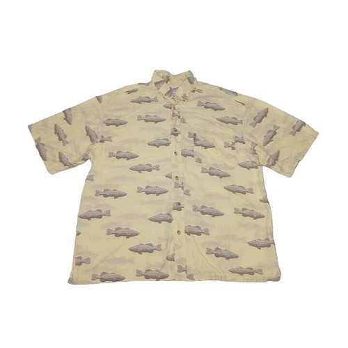 Columbia Men's Large Shirt Yellow Button Up All Over Fish Cotton Viscose