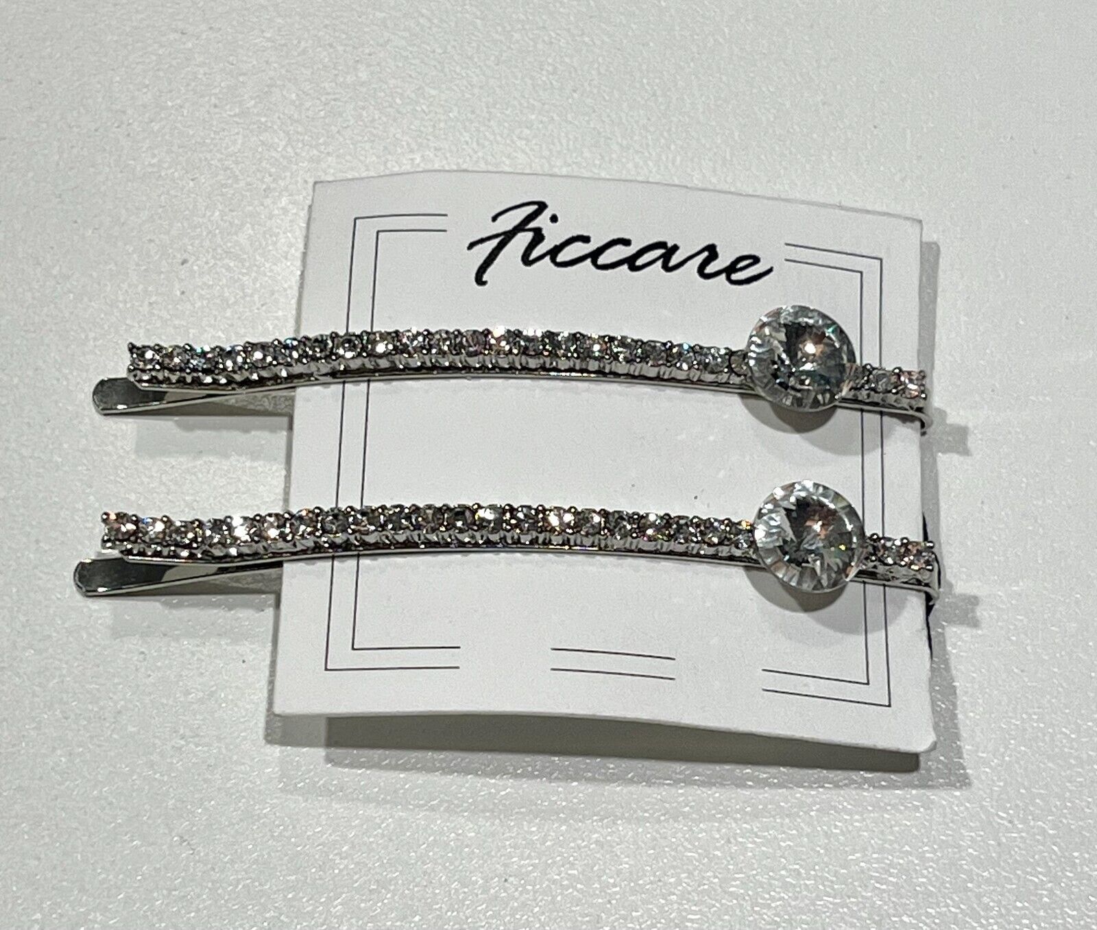 FICCARE Hair Barrettes Sparkly Rhinestone Crystals on Silver Pair 2.5 Inch New!