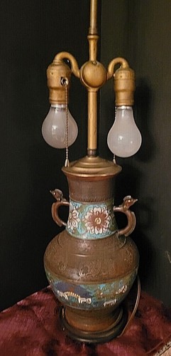 Vintage Asian Bronze Champleve Cloisonne 2 Lighted Lamp-Works - Picture 3 of 10