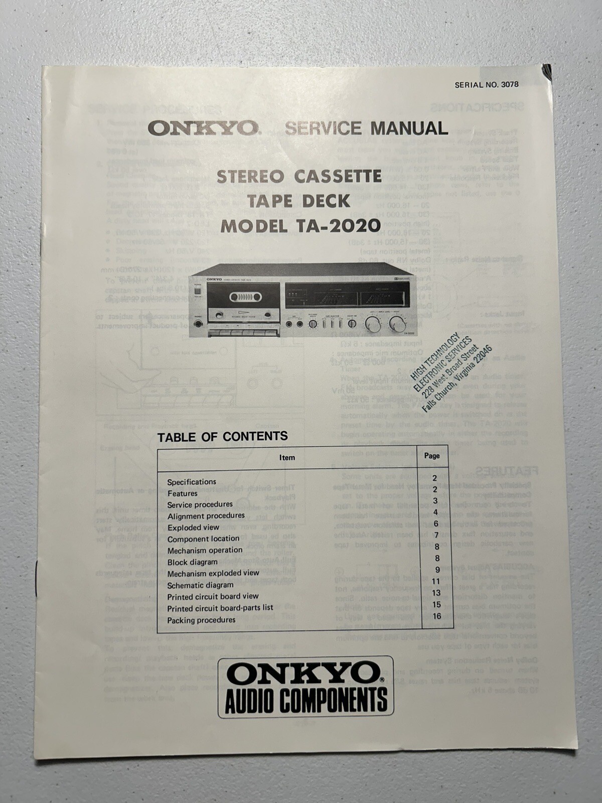 Onkyo TA-2020 Stereo Cassette Tape Deck Service Manual Original OEM Genuine