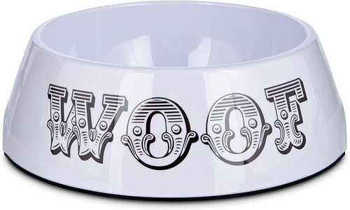 Bowlmates Dog Bowl 3-Cup Medium Woof Design Non-Slip White Base Pet Dish
