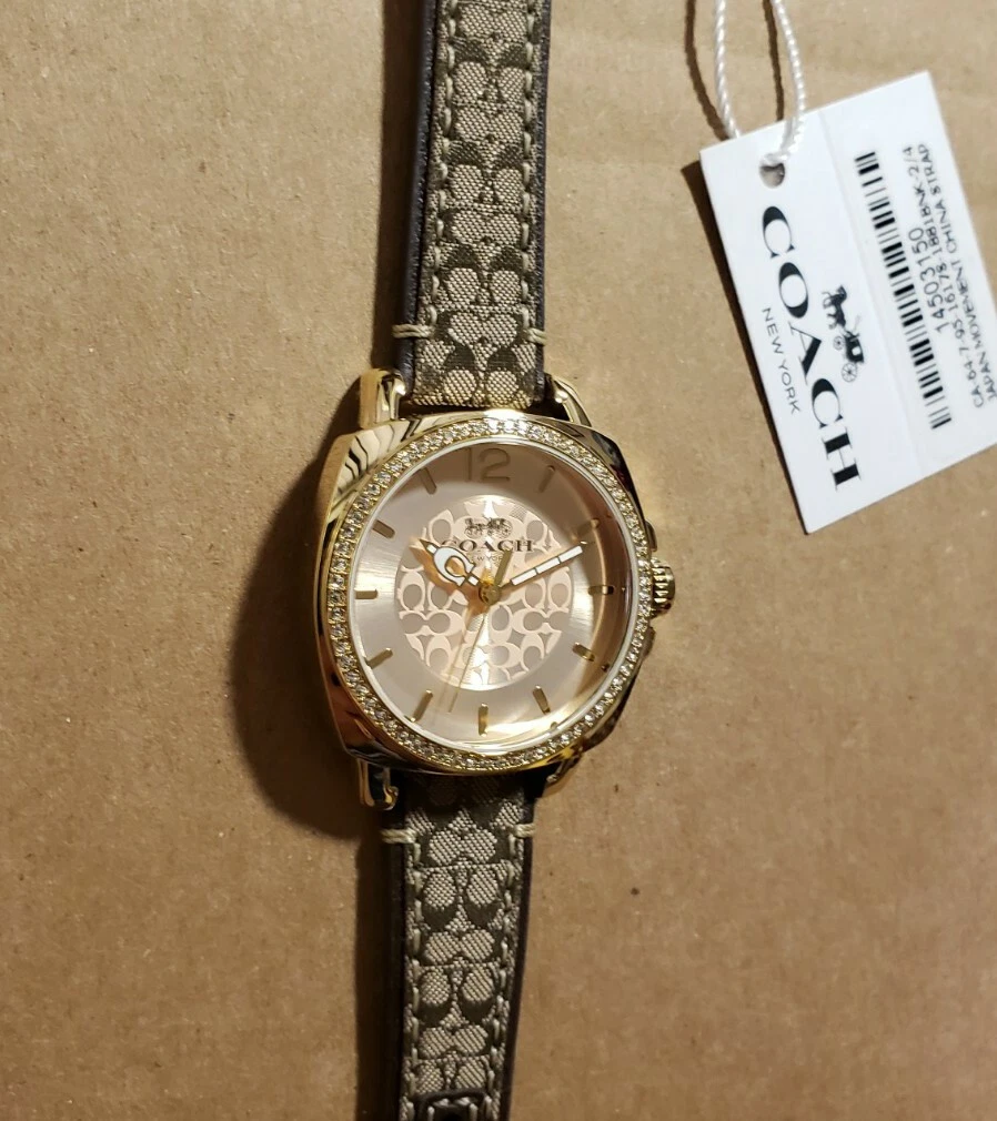 Coach Boyfriend Watch With 34m Golden Face Brown Coach Signature Leather Band