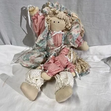 Vintage Handmade Cloth Rag Doll with Checkered and Floral Dress Mom And Baby 19”
