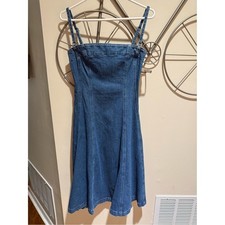 Gap Blue Denim Midi Flare Dress Adjustable Straps Size XS Petite Cotton