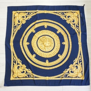 ATELIER VERSACE Silk Pocket Square Scarf Medusa Baroque Blue Gold 