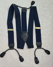 Suspenders 1.5" Navy Canvas Elastic Leather Button Gold Hardware England