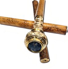 Vintage Brass Compass Walking Cane Leather Wrapped Wooden Shaft Detachable Gift