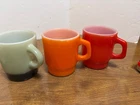 3 Vintage Anchor Hocking Fire King Stackable Mugs. orange, Red, rare 2 tone gray