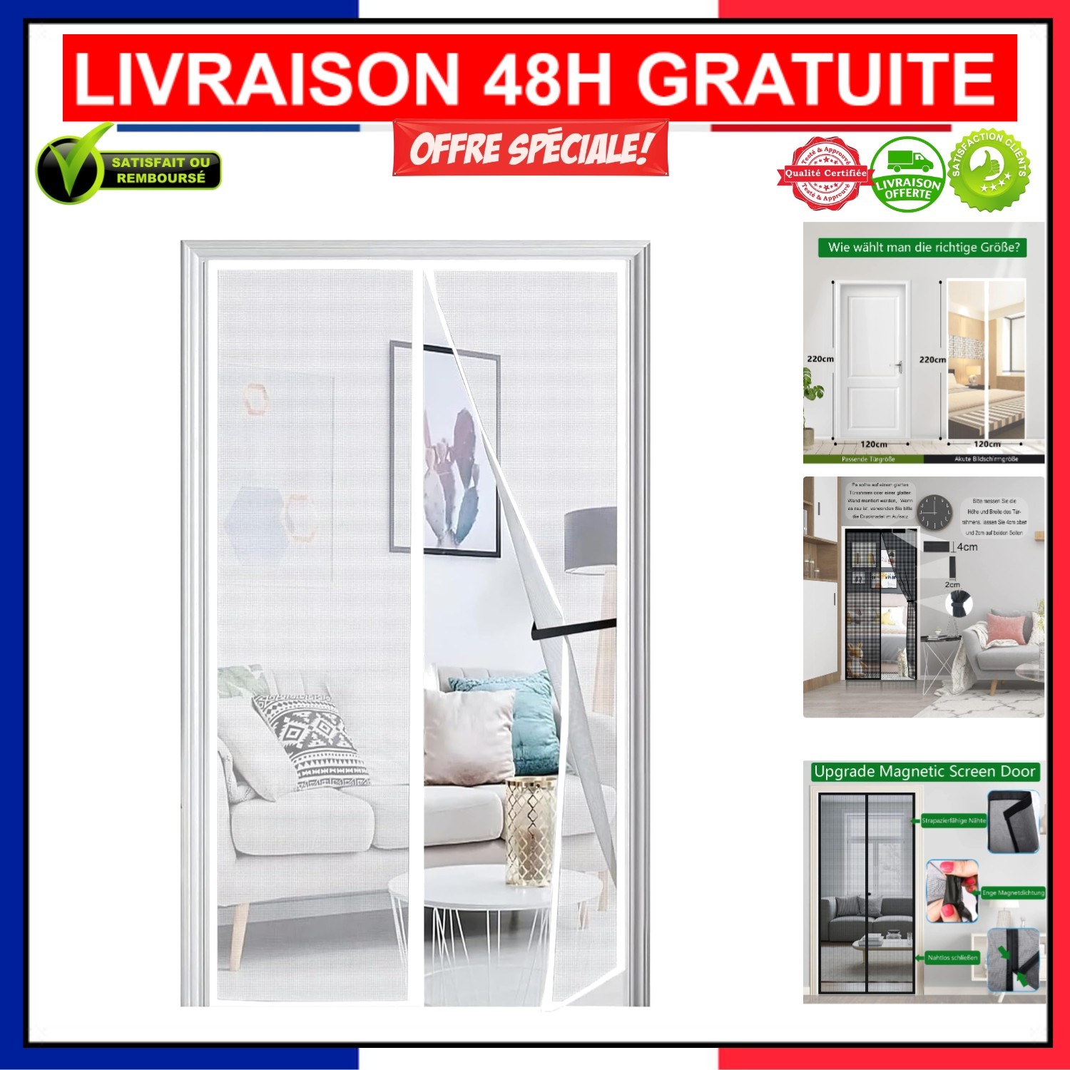 Moustiquaire 120x220cm anti-insectes en maille de verre noire pour porte de balcon