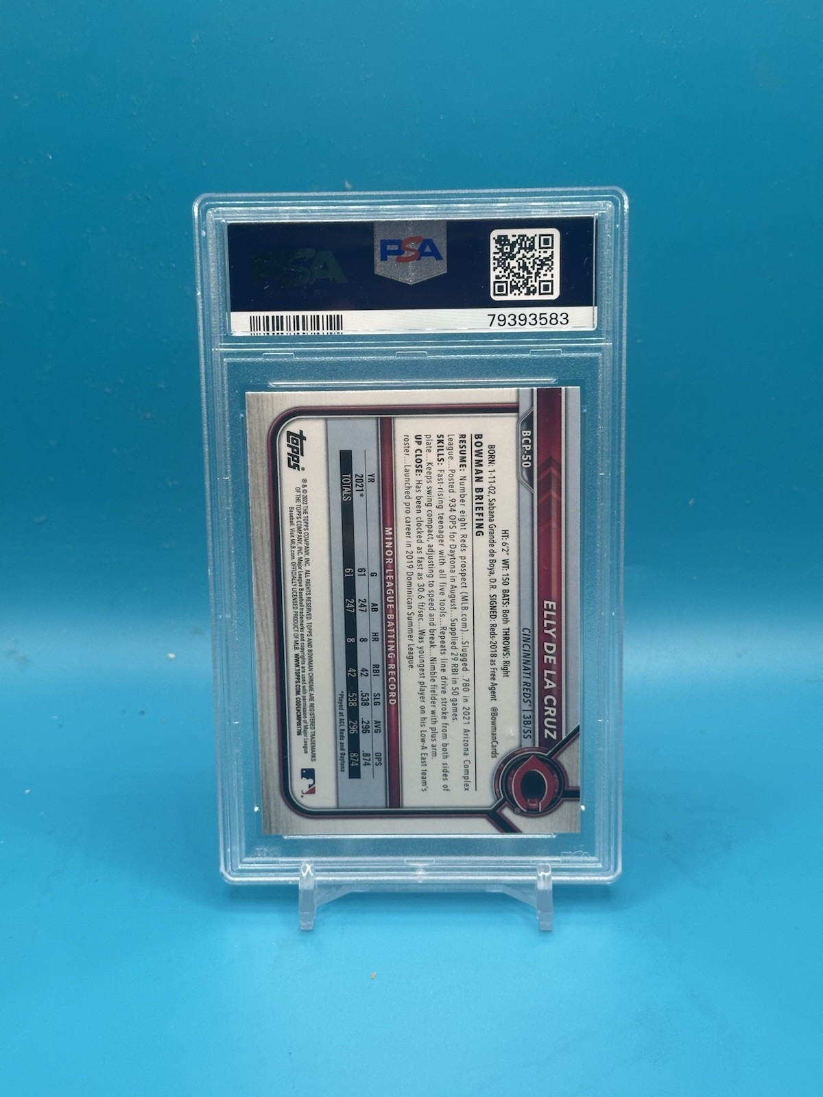 Elly De La Cruz RC Topps 2022 Bowman Chrome 1st Prospects PSA 10 RC view 2