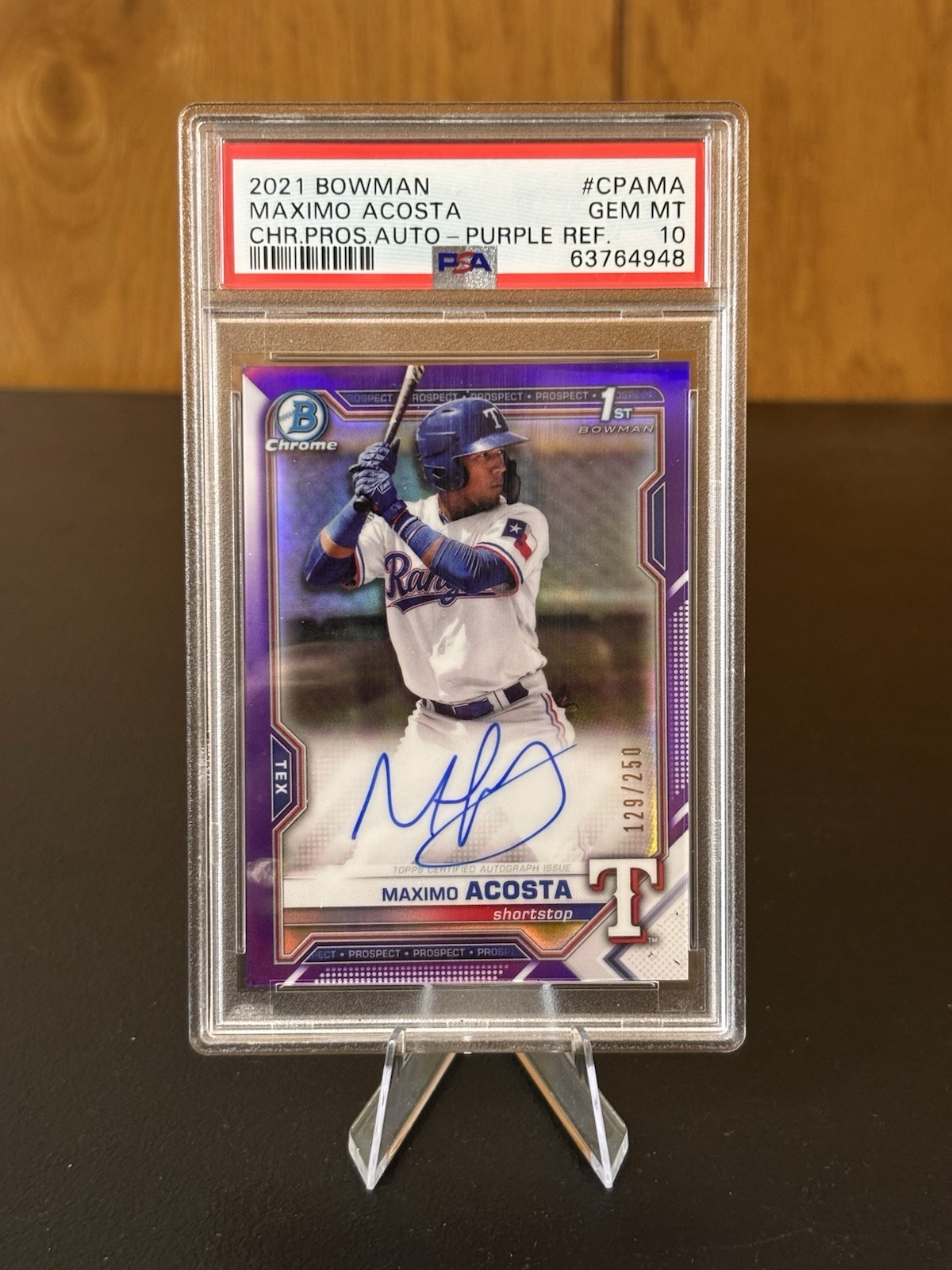 2021 Bowman Chrome 1st - Maximo Acosta RC auto Purple Ref. /250 PSA 10