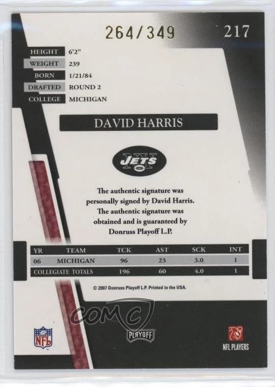 2007 Playoff Absolute Memorabilia Rookie /349 David Harris #217 Rookie Auto RC - Image 2 of 2