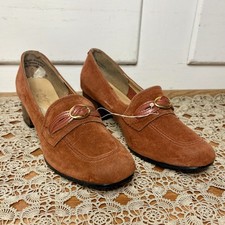 Vintage 80s Brown Suede Loafer Heels Chunky Heel Gold Tone Detail