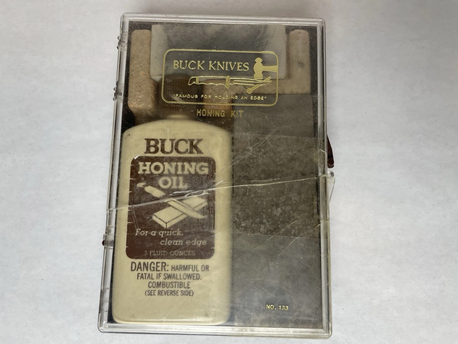 Vintage BUCK Knife Honing Oil & Stone Kit Oil Hard Soft Arkansas SHARPENER!!