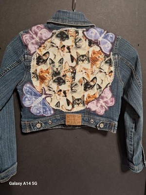 Limited Too Denim Jean Jacket Kids Intervened # S Cats + Butterflies + Pearls 