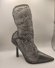 Women  s Silver Rhinestone Mesh Pointed Toe Ankle Bootie Stiletto, US 7