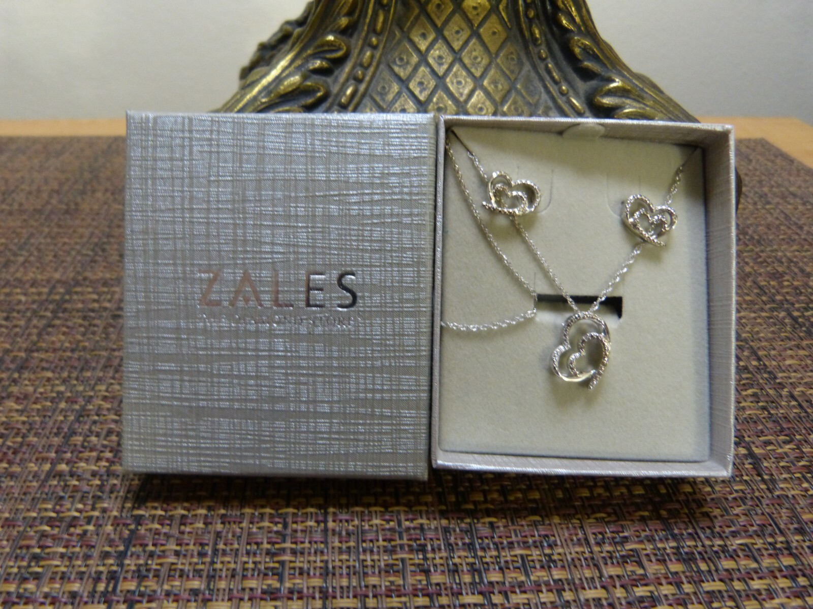 Zales Diamond Accent Tilted Double Heart Pendant and Stud Earrings Set