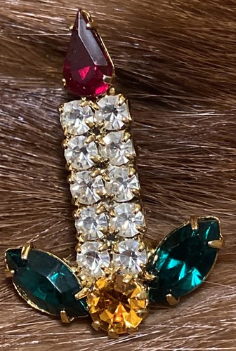 Vintage Pretty Rhinestone Christmas Candle Brooch
