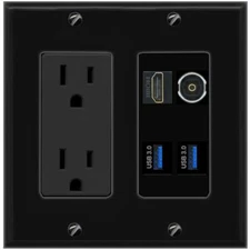 HD TOSLINK 2 USB-3 Port Wall Plate Black w Power Outlet