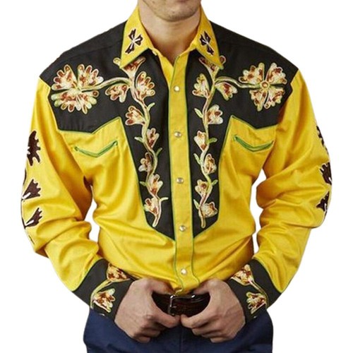 Floral Luxury Men Western Cowboy Long Sleeve Button Up Shirt Mexican Dress - Picture 10 of 15