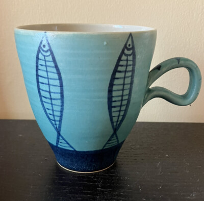 CYPRUS STUDIO CERAMICS Blue Pottery Coffee Mug Cup Hand Painted Fish 12 Oz MINT
