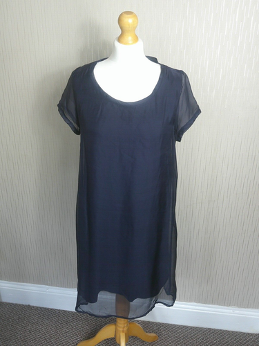 Jigsaw Dress Size S Navy Blue Double Layer Silk Cotton Shift Relaxed Fit Chiffon