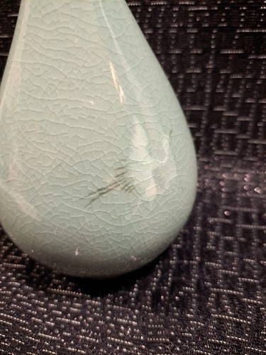 Korean Crackled Celadon Greenware Flying Cranes Vase 6.5" Signed Vintage - Picture 6 of 6