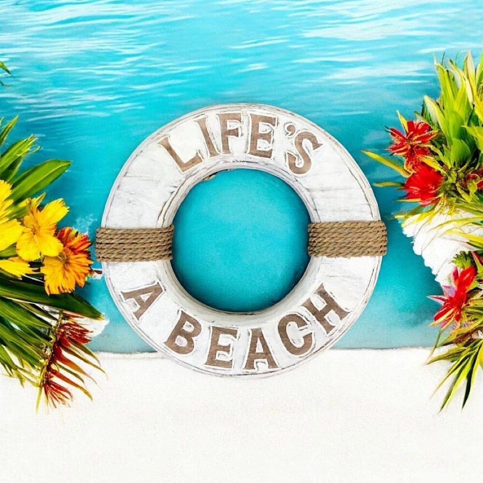 Coastal Beach House Life Buoy LIFE'S A BEACH wall hanging Home Decor - image 2 of 2