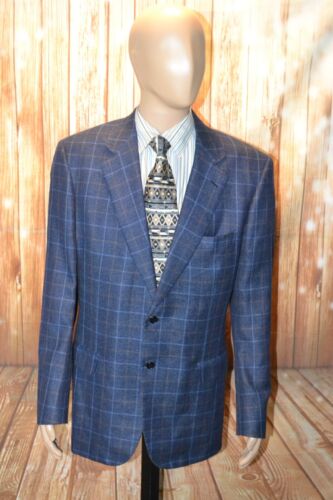 Brioni Men Linen Silk Wool Blue Check 2 Front Button Sports Coat Sz 44L