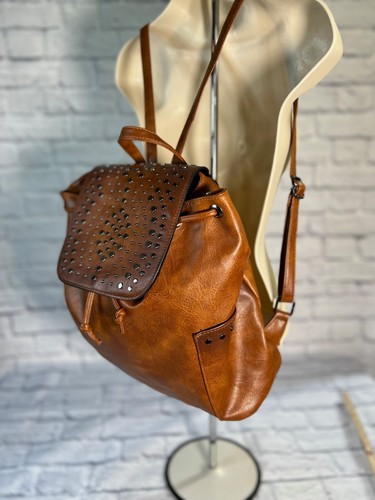 SAM & HADLEY Studded Faux Leather Drawstring Backpack NWOT Saddle Brown - Picture 2 of 10