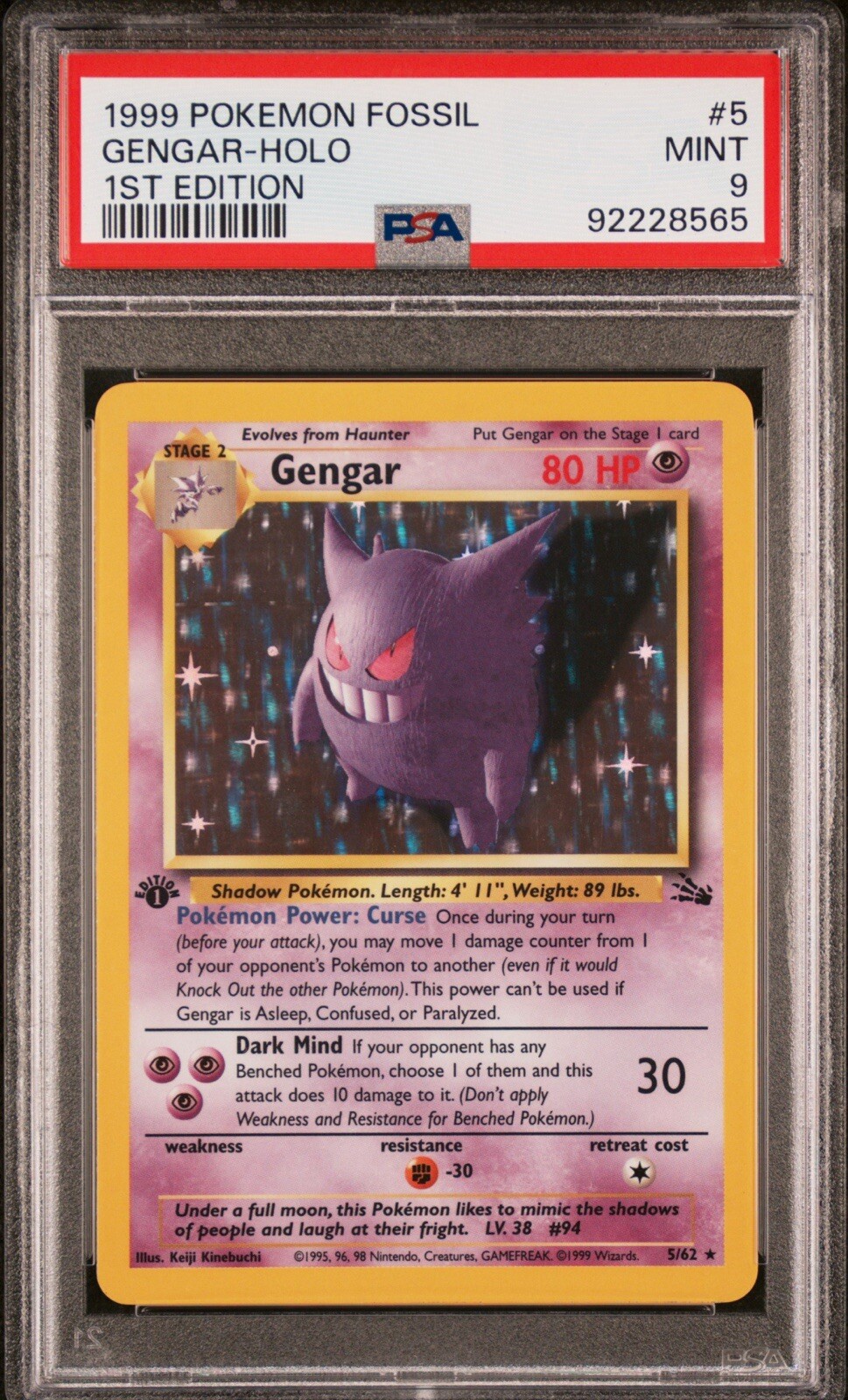 1st Edition Gengar Holo Rare Fossil 1999 PSA 9 MINT Pokemon Card 👻