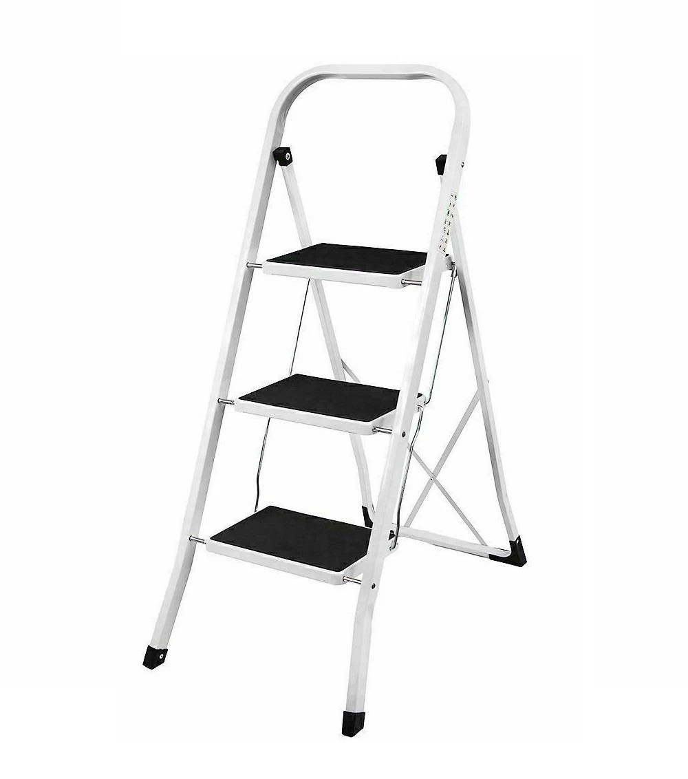 FOLDABLE STEP LADDER SAFETY TREAD METAL LADDER RUBBER NON SLIP KITCHEN 3 STEP
