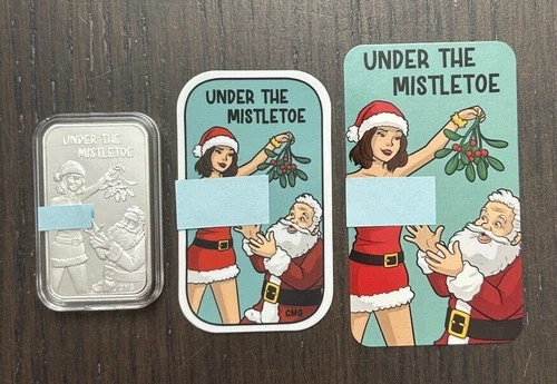 Under the Mistletoe Art Bar Proof CMG Mint 1 OzT .999 Silver Mintage Only 100