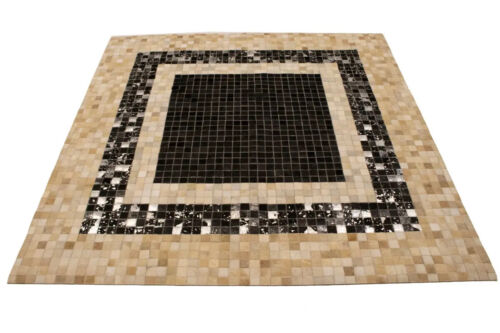 6X6 ft Contemporary Black Leather Square Rug Modern Hand-Crafted Cowhide Carpet - Picture 2 of 18