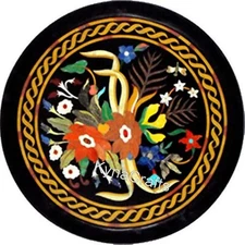 Black Marble Coffee Table Top Semi Precious Gemstone Inlay Work Patio End Table