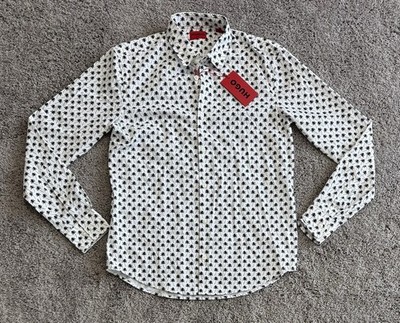 Hugo Boss Ermo Slim-Fit Palm Tree-Print Shirt White Black Mens Size Small