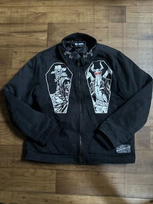 Broken Promises Open Casket Black Work Jacket Men s Size Small Goth Skull