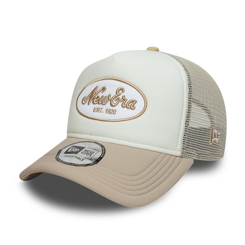 NEW ERA OVAL PATCH TRUCKER CAP.9FORTY BEIGE A FRAME ADJUSTABLE BASEBALL HAT S26 - Afbeelding 6 van 10