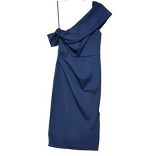 Asos Navy Blue Stretch Satin One Shoulder Side Zip Midi Formal Dress Women 10