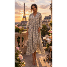 Uniqlo C Relaxed Parisian Style Dress L Romantic Floral Pleated Midi Cream Blue