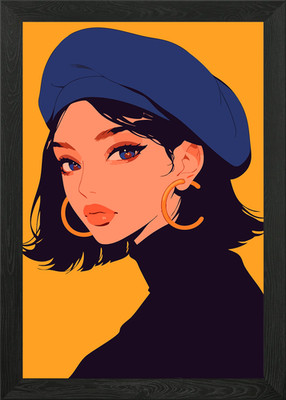 Anime Mädchen im blauen Barett minimalistisch gerahmtes Wandbild Poster Leinwanddruck Bild