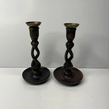 Candle Holders Antique English Oak Barley Twist Candlestick Brass Insert 8.5”