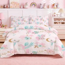 Unicorn Duvet Cover Twin - Soft Cute Pink Unicorn Bedding Set with Flowers Le...