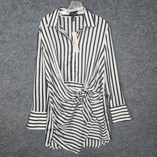 Aqua Womens Shirt Dress M Black White Striped Tie Polyester Long Sleeve NWT
