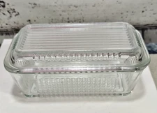 Vintage Retangular Ribbed Glass Refrigerator Dish with Lid 2 Cup Capacity