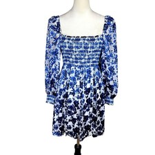 Alice + Olivia 2 Cooper Antique Blue Floral Silk Blend Smocked Dainty Mini Dress