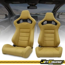 Universal Reclinable 2x Racing Seats + Dual Slider PU Leather Left Right Brown