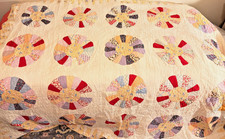 Antique Dresden Plate Quilt 76  x84  -Scalloped Edge-By Hand-ColorfulFeed Sack-VVG