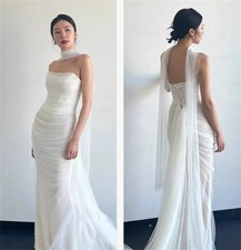 Strapless Tulle Elegant Wedding Dresses Bridal Gowns Mermaid Ruched Lace-up