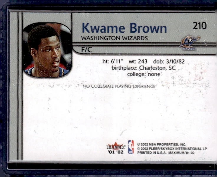 2001-02 Fleer Maximum #210 Kwame Brown #/1000 - Image 2 of 2
